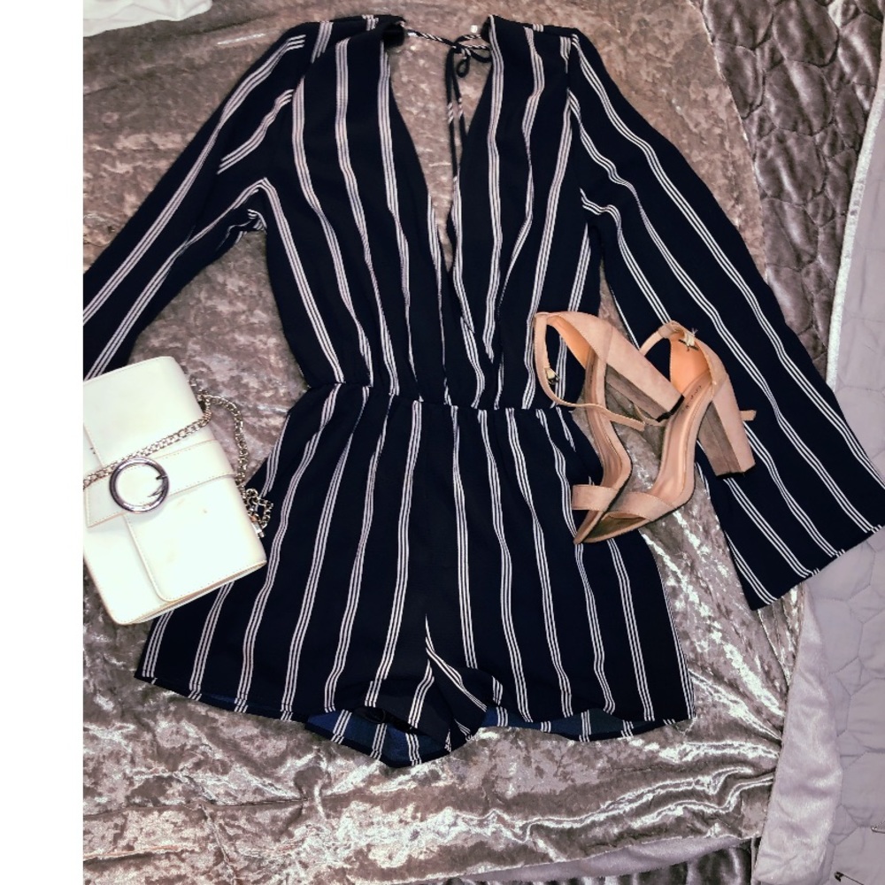 Navy striped long-sleeve romper